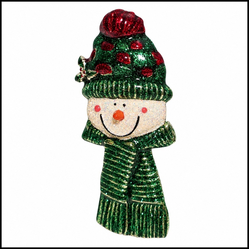 Green Glitter Snowman Brooch Christmas Holiday Enamel Pin Accessory Vintage
